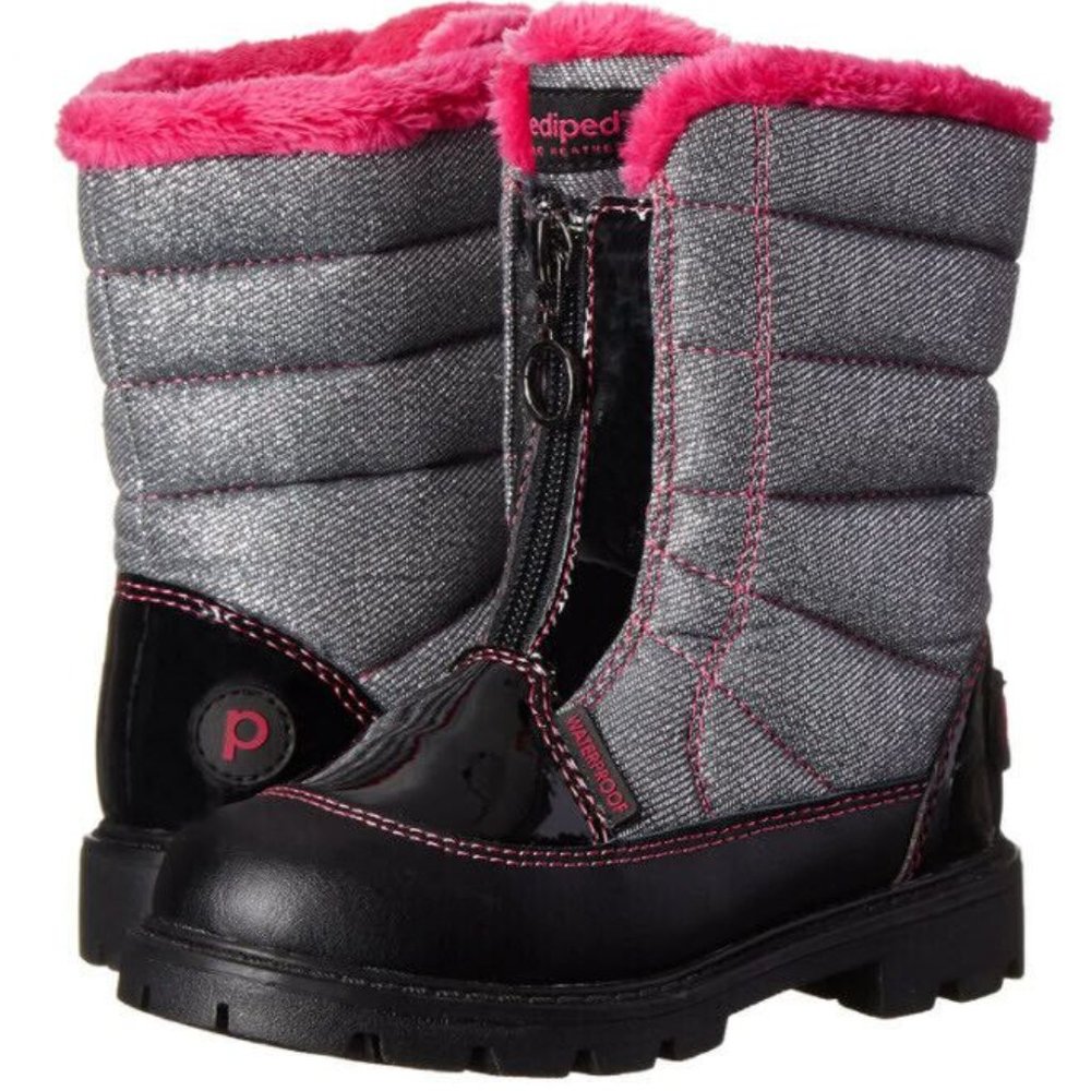 NEW pediped Kid Harper Metallic Silver Sparkle Faux Fur Trim Lined Snow Boot